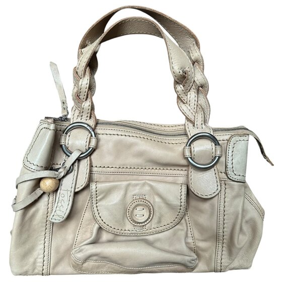 Fossil Leather Handbag Beige Braided Handles Hobo Retro Y2K With Floral Lining. - Picture 1 of 11